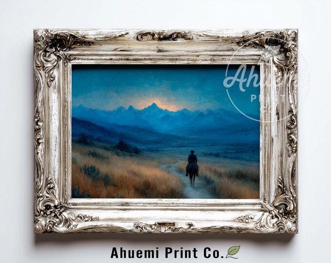 Moody Cowboy and Horse on Prairie - Rustic Western Landscape, Golden Sunset Glow, Serene Ranch Trail Art, Digital Download Printable 426