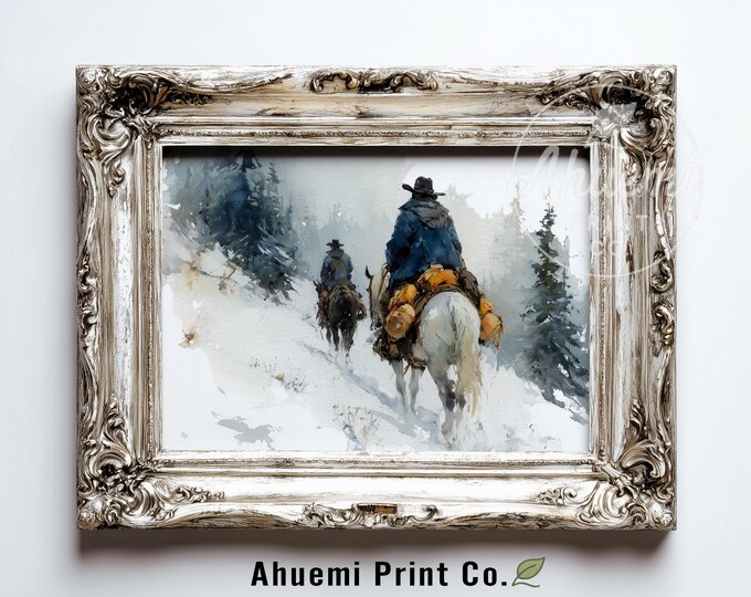 Cowgirl and Packhorse in Snow - Rustic Winter Landscape Art, Moody Western Scene, Printable Mountain Decor, Digital Painting Download 411