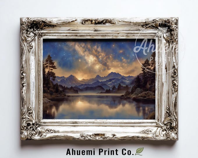 Dark Alpine Lake Landscape - Moody Mountain Reflection, Tranquil Twilight Scene, Rustic Winter Wall Art, Printable Mountain Decor 554