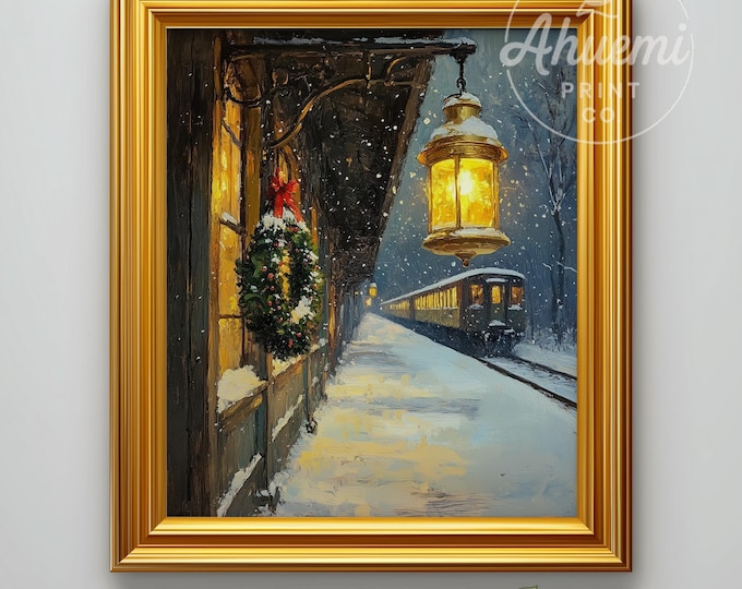 Snowy Train Station Brass Lantern - Vintage Christmas Art (Digital Download)