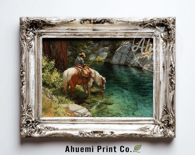 Rustic Western Cowgirl & Mare at Turquoise Creek - Serene Realistic Landscape Art, Vintage-Inspired Farmhouse Wall Decor, Printable 416