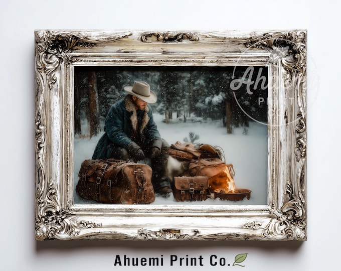 Rustic Cowboy by Campfire - Vintage Style Winter Scene, Moody Western Painting, Cozy Mountain Forest, Printable Art Download Digital 423