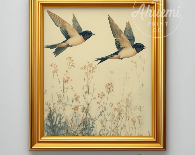 Vintage Swallows in Flight Printable - Neutral Farmhouse Etching, Cottagecore Meadow Scene, Delicate Wildflowers Art, Digital Download 566