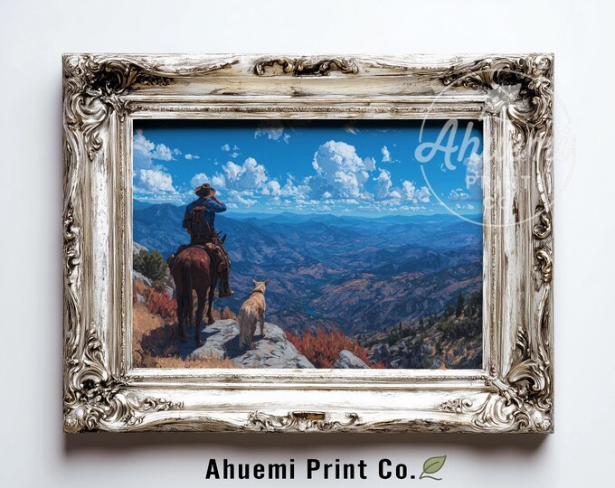 Western Cowboy and Horse Scenic Printable Wall Art - Rustic Sierra Landscape, Serene Adventure Decor, Rocky Outcrop, Digital Download 403