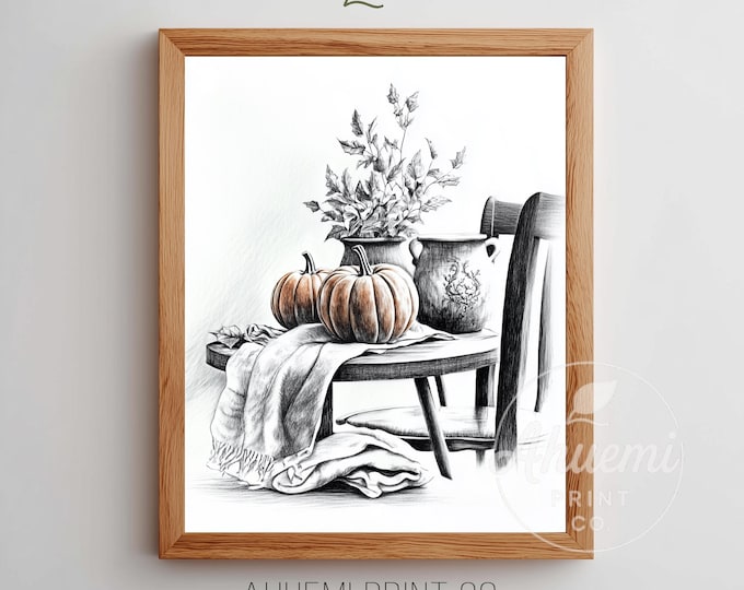 Rustic Autumn Still Life Wall Art - Cozy Neutral Pumpkin Arrangement, Vintage Farmhouse Decor, Digital Download Fine Art Print 96