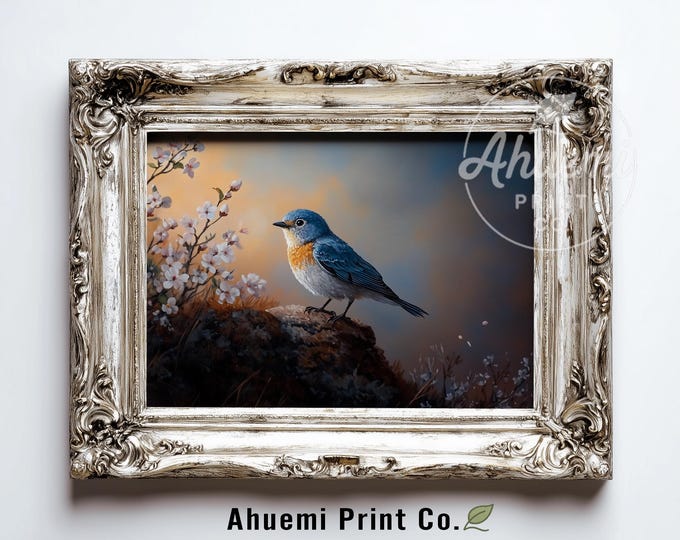 Bluebird Among Blossoms - Cottagecore Spring Nature Print, Rustic Blooming Apple Branches Art, Serene Digital Painting, Instant Download 523