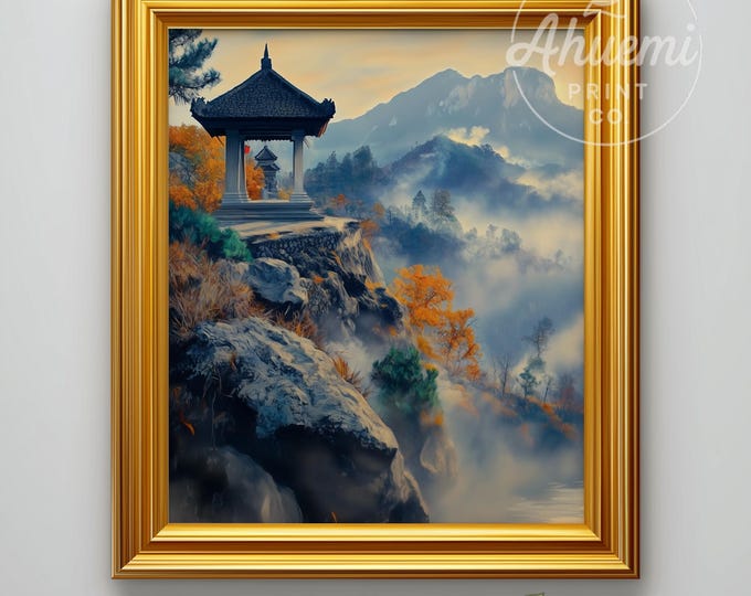 Serene Balinese Stone Temple Landscape - Earthy Fall Colors, Zen Meditation Decor, Autumn Mountain View Printable Art, Digital Download 502