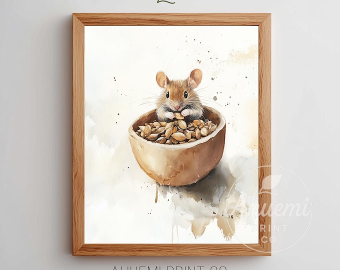 Mouse with Seeds Painting – Cottagecore Nursery Art (Digital Download)