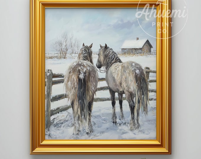 Winter Horses Print - Snowy Farmhouse Pasture, Rustic Wall Decor (Digital Download)
