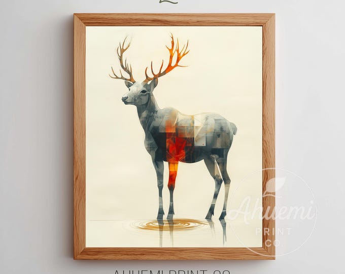Abstract Deer Silhouette Print - Minimalist Stag Art, Watercolor Geometric Design, Rustic Scandinavian Decor, Neutral Printable Download 224