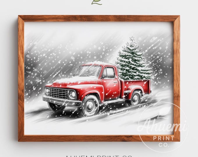 Vintage Red Truck Christmas Tree Print – Rustic Winter Wall Art (Digital Download)