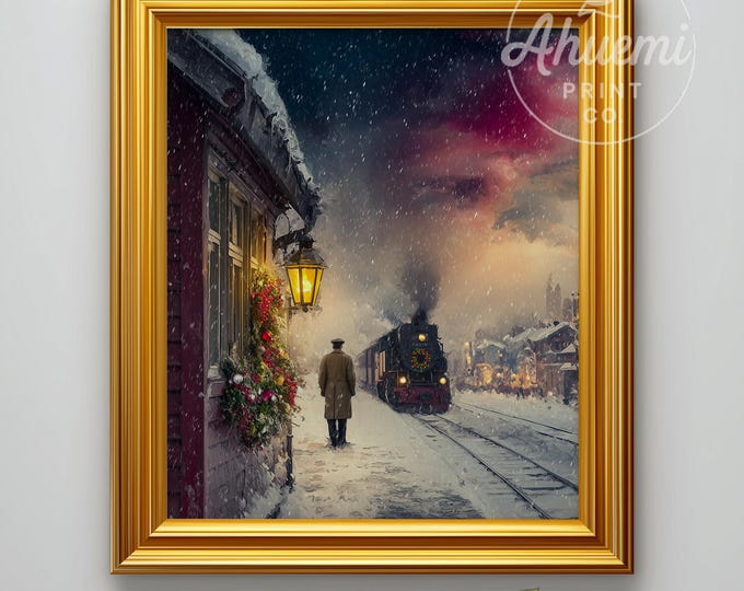 Winter Train Platform Art – Vintage Snowy Scene, Holiday Decor (Printable Wall Art)