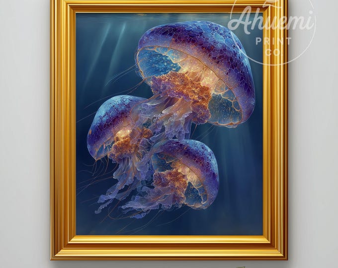 Moody Coastal Moon Jellyfish Painting - Serene Marine Wall Art, Nautical Deep Water Scene, Printable Ocean Decor, Digital Download 463