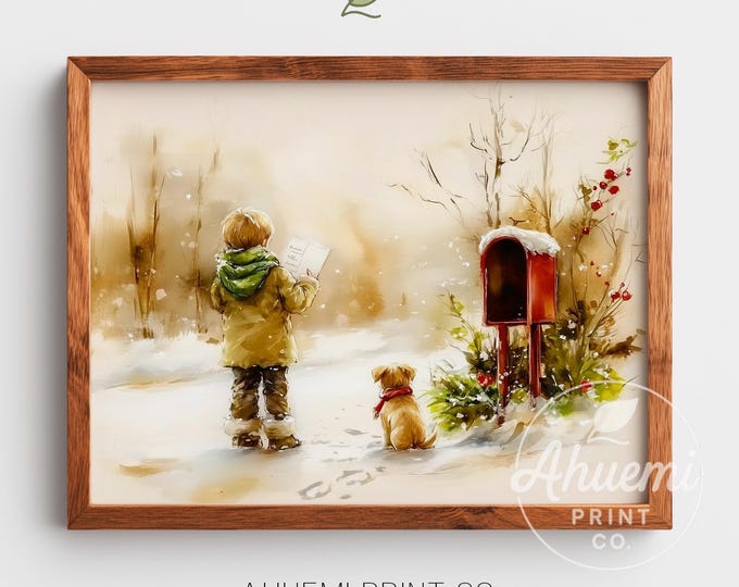 Watercolor Winter Scene Print, Child Mailing Santa Letter (Instant Download)