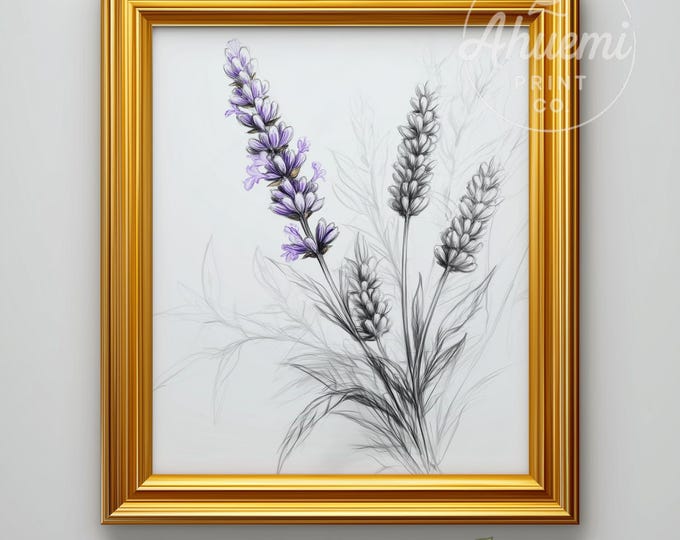 Lavender Branch Pencil Sketch Print - Rustic Farmhouse Art (Instant Download)