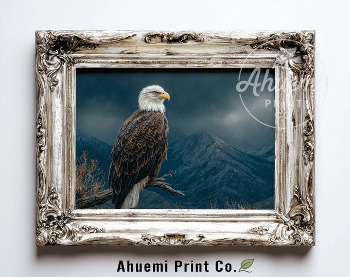 Majestic Bald Eagle in Moonlit Night - Dramatic Wildlife Wall Art, Moody Digital Nature Painting, Rugged Mountain Scene Decor, Printable 451