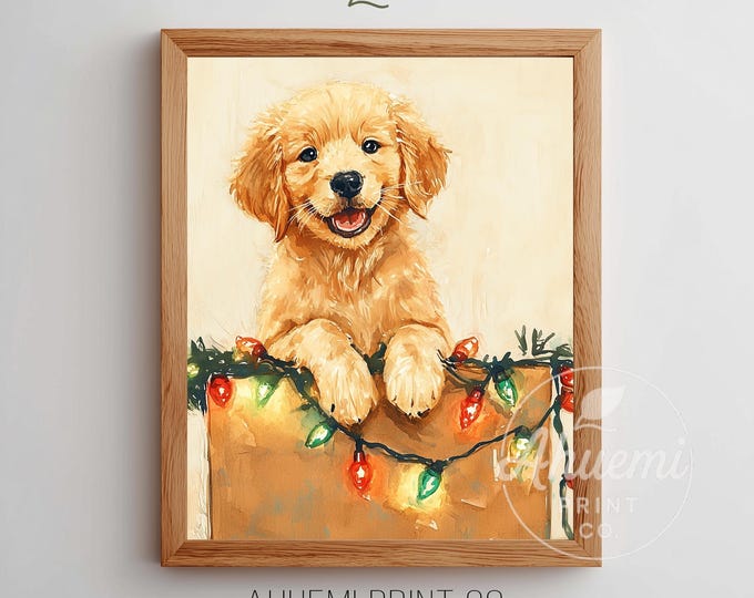 Golden Retriever Puppy Print – Watercolor Holiday Lights (Digital Download)