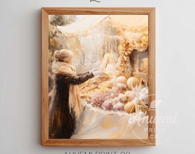 Pink Vintage Holiday Market Painting, Cozy Winter Cottagecore Decor (Printable)