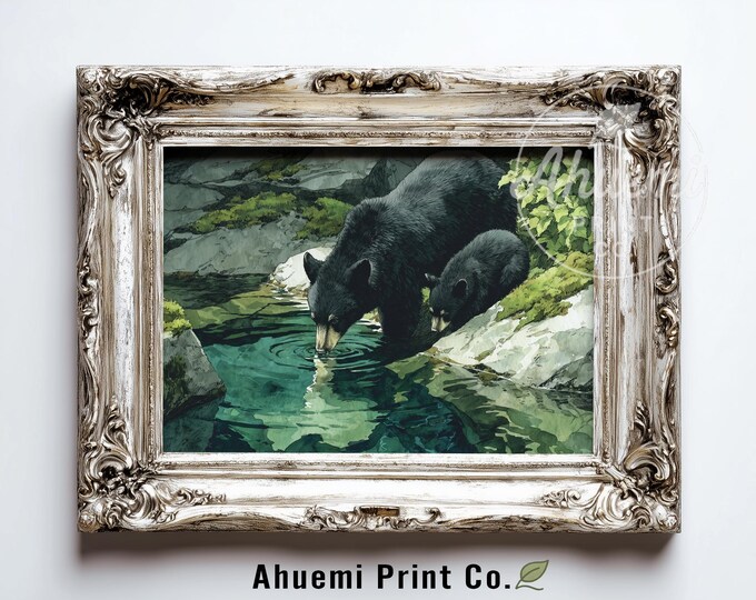Black Bear Family at Mountain Creek - Woodland Watercolor Painting, Rustic Wildlife Art, Cozy Nature Scene, Printable Digital Download 419