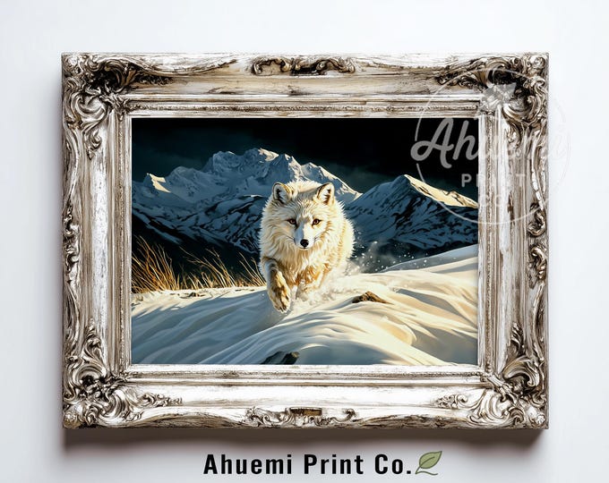 Moody Arctic Fox in Winter Landscape - Rustic Wildlife Printable Art, Mountain Lodge Decor, Natural Alpine Scene, Digital Download 594