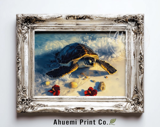 Tropical Baby Sea Turtle Art, Printable Coastal Wall Decor, Realistic Beach Scene with Seashells, Ocean Painting, Digital Download 546