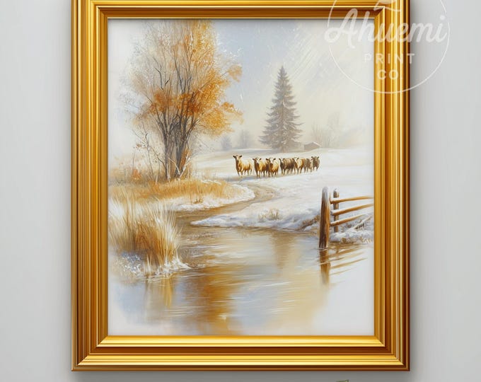 Winter Cattle Farmhouse Print – Snowy Stream Landscape (Digital Download)