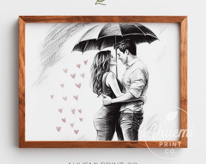 Romantic Hand-Drawn Couple Under Umbrella Illustration - Cozy Monochrome Wall Art, Cute Minimalist Printable Sketch, Instant Download 58