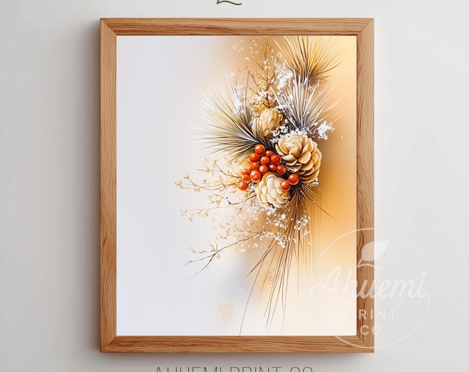 Printable Rustic Winter Greenery Painting - Festive Pinecones and Red Berries, Cozy Seasonal Wall Art, Neutral Christmas Decor, Digital 247