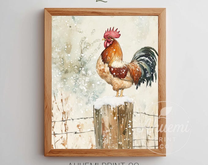 Rustic Rooster Winter Print – Farmhouse Watercolor Wall Art (Digital Download)