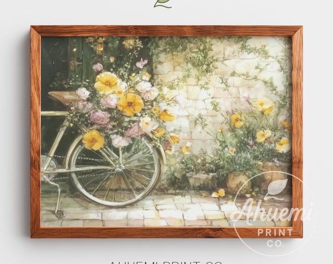 Cottagecore Bicycle Art Print – Vintage Floral Garden Scene (Digital Download)