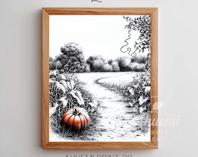Rustic Pumpkin Patch Printable Art - Cozy Autumn Farmhouse Decor, Vintage Black and White Linework, Detailed Digital Download Wall Art 83