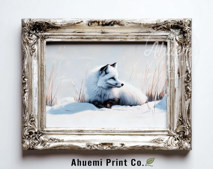 Resting Arctic Fox in Snowy Landscape - Serene Winter Watercolor Art, Minimalist Nordic Decor, Cozy Nature-Inspired Printable Download 590