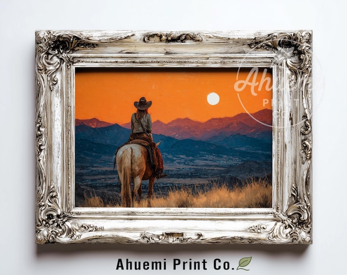 Cowgirl on Horseback at Mountain Ridge - Rustic Western Landscape Art, Moody Sunset Scene, Farmhouse Cabin Decor, Printable Download 415