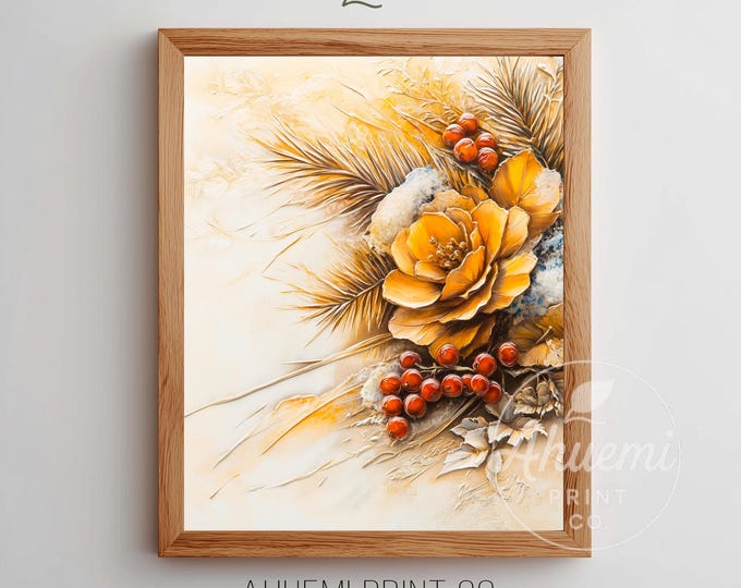 Winter Botanical Printable with Pine Branch & Rose - Festive Vintage Wall Art, Rustic Holiday Decor, Cozy Plant Sprig Digital Download 246