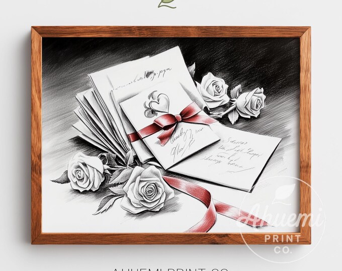 Vintage Love Letters Print – Romantic Sketch, Roses and Red Ribbon (Digital Download)