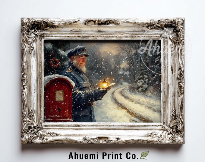 Winter Mail Carrier Painting – Vintage Snowy Landscape Art (Digital Download)