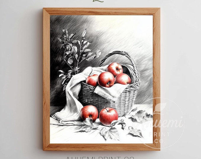Vintage Apple Basket Sketch Print – Rustic Farmhouse Still Life (Digital Download)