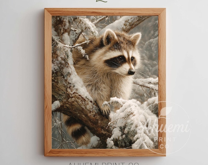 Raccoon Winter Portrait – Snowy Tree Rustic Wall Art (Digital Download)