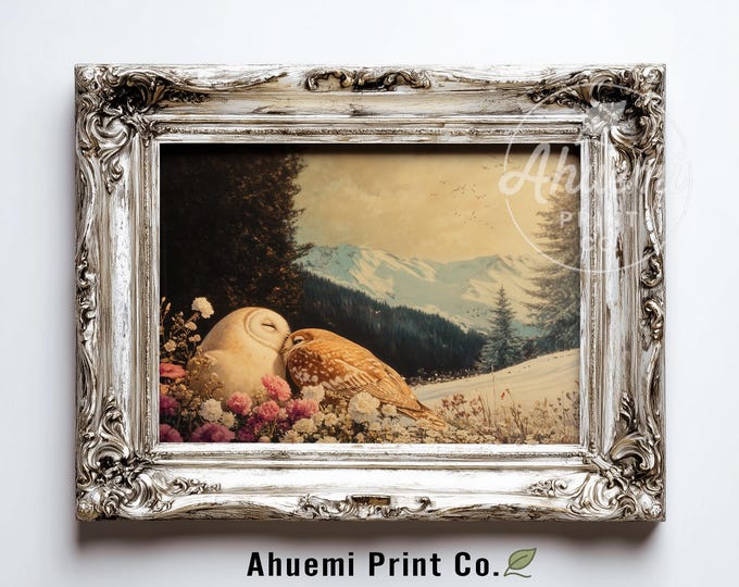 Cottagecore Owl Print – Vintage Winter Landscape (Digital Download)