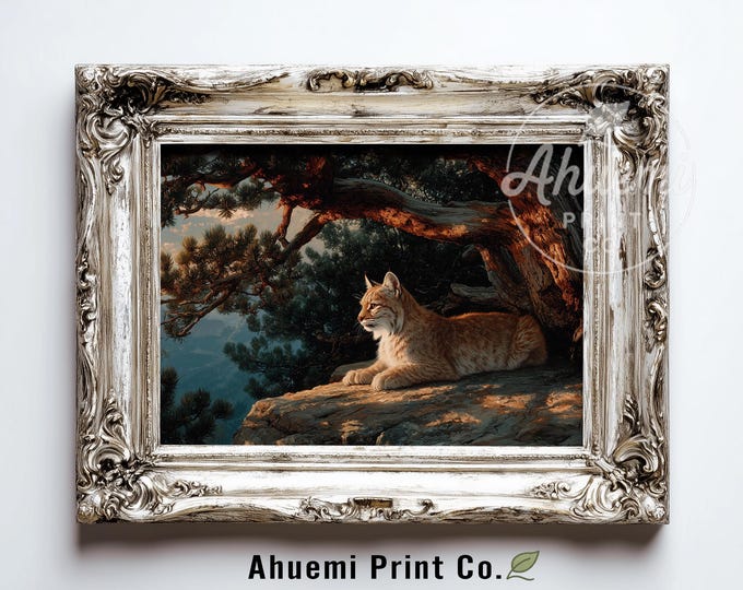 Bobcat in Dappled Sun on Rock - Rustic Wildlife Painting, Moody Lodge Decor, Cabin Wall Art, Serene Animal Portrait, Printable Digital 382