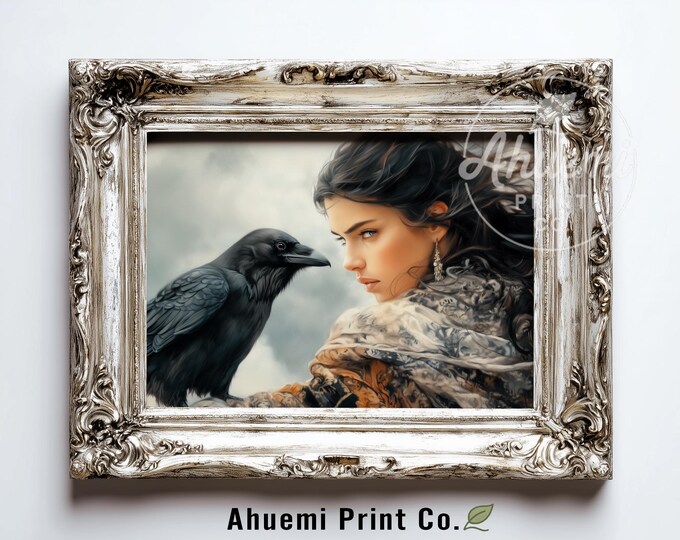 Moody Digital Portrait of Woman & Raven - Gothic Fantasy Art Print, Earthy Cool Tones, Atmospheric Fine Art Printable Download 542