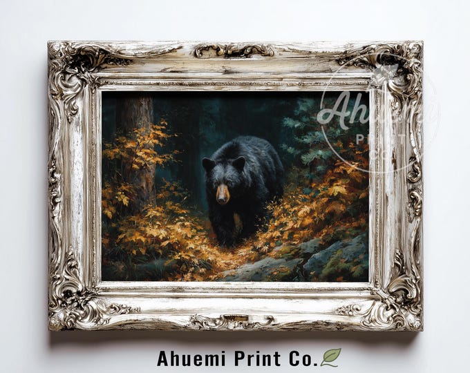Moody Autumn Bear in Forest - Rustic Woodland Printable Art, Realistic Black Bear Scene with Golden Leaves, Cabin Decor Digital Download 398