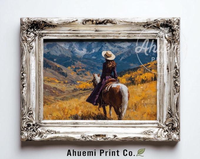 Western Rustic Cowboy Art Print - Autumn Mountain Pass Landscape, Lone Rider, Vintage Horseback Painting, Serene Adventure Illustration 392