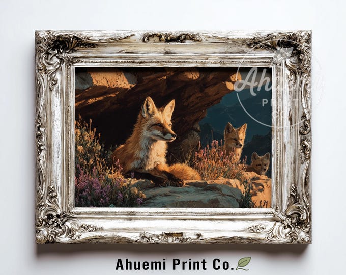 Sierra Nevada Red Fox in Rocky Den - Moody Wildlife Art, Rustic Mountain Decor, Natural Fox Scene, Printable Nature Photography, Digital 434