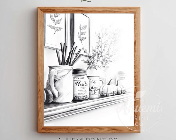 Rustic Kitchen Still Life Art Print – Mugs and Jars Illustration (Digital Download)