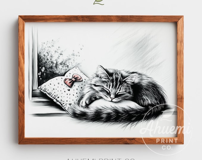 Cozy Sleeping Cat on Windowsill Sketch - Minimalist Black and White Art, Cute Pet Printable Wall Decor, Calming Home Art Download 49