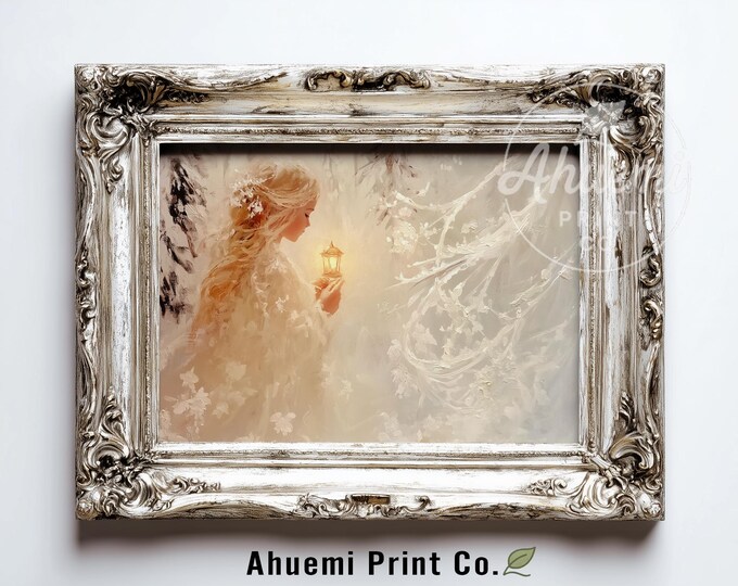 Winter Girl with Lantern Art Print - Vintage Cottagecore Decor (Digital Download)