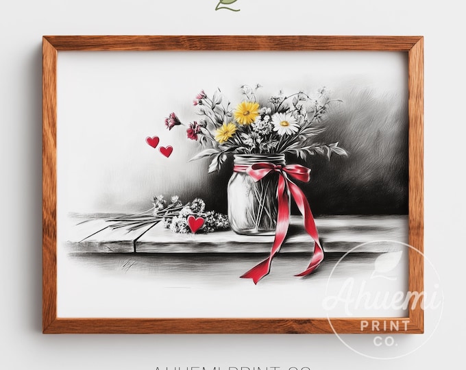 Wildflower Mason Jar Sketch Print - Vintage Botanical Wall Art (Digital Download)