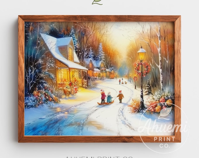 Snowy Village Street Art Print – Vintage Children, Cozy Winter Scene (Digital Download)