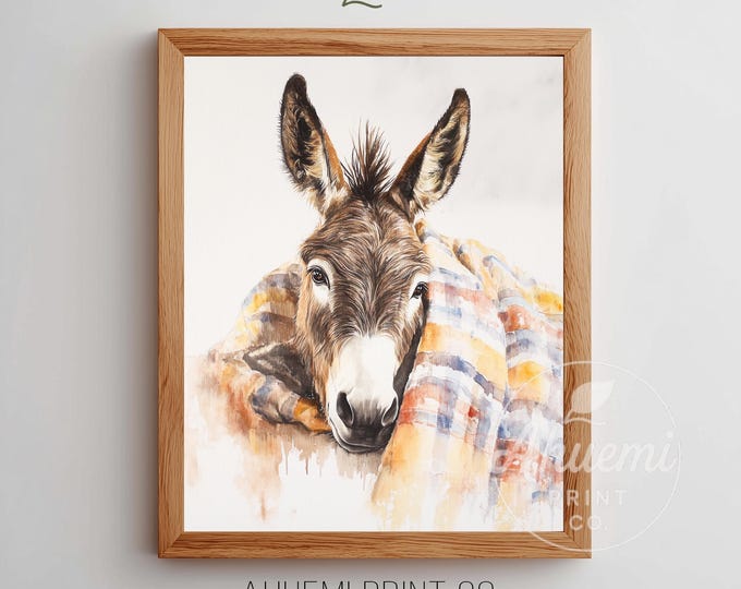 Rustic Donkey Art Print Watercolor Portrait - Plaid Blanket, Farmhouse Decor (Digital Download)